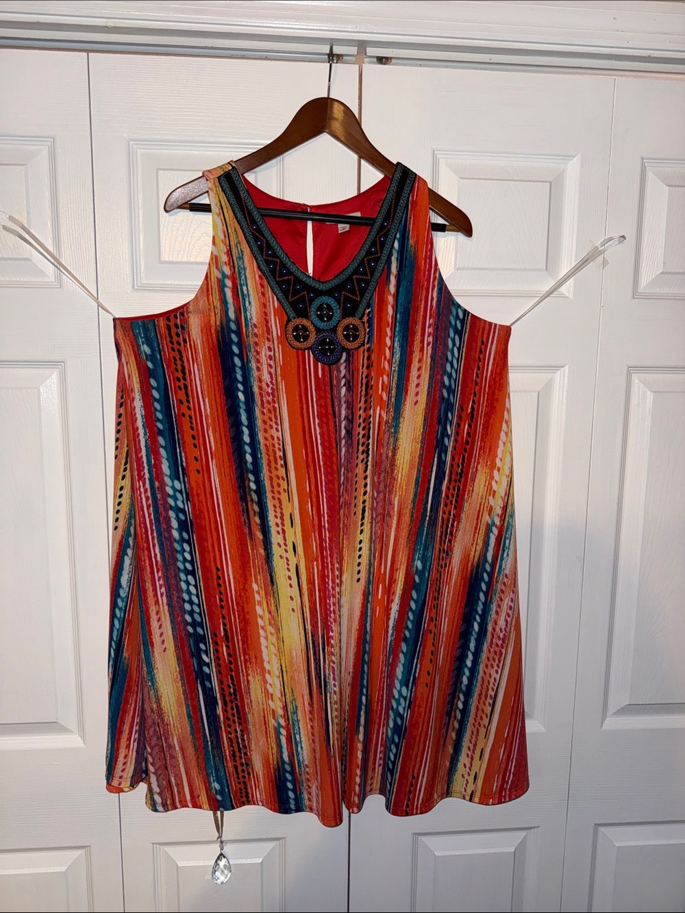 Women's Orange Multicolor Cold-Shoulder Dress - Embellished Neckline